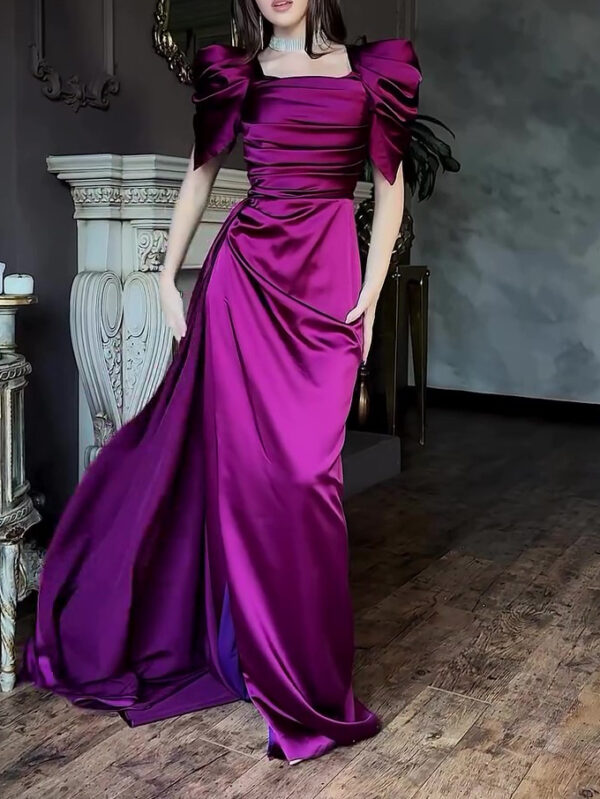 Elegant Puff Sleeve Pleated Slit Maxi Dress - Image 3