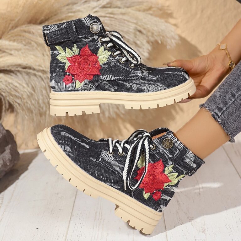 Lace-up Canvas Boots Fashion Rose Embroidered Shoes Round Toe Thick Heel Short Boot Women - Image 6