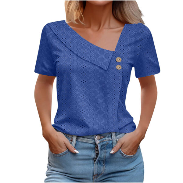 Summer V-neck Button Solid Color Loose Women's Short Sleeved T-shirts - Image 6