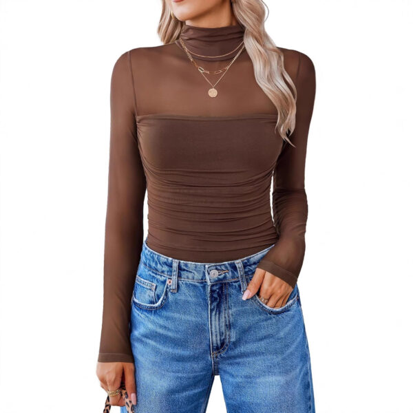 Round Neck Mesh Stitching Sheer Long Sleeve - Image 5