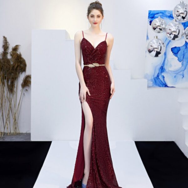 New Banquet Elegant Annual Meeting Long Host Deep V Sexy Fishtail Sequined Dress - Image 4