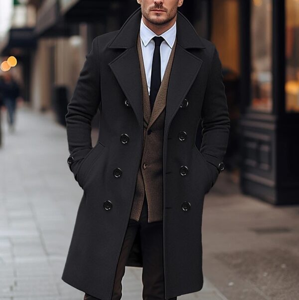 Fall Winter Men Woolen Coat Double Breasted Long - Image 3