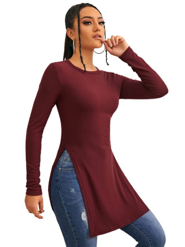 Women's Fashion Casual Long Sleeve Round Neck Ribbed Knit T-Shirt - Image 5