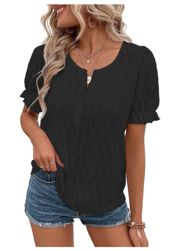 V-neck T-shirt Puff Sleeve Jacquard Women's Clothing - Image 6