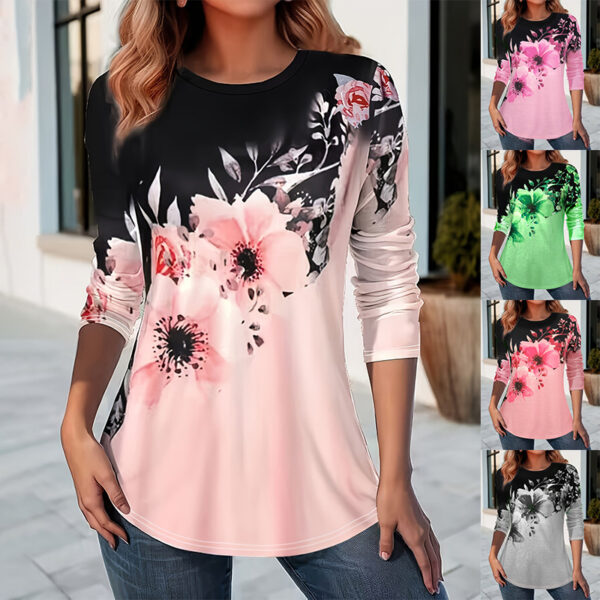 Vacation Style Flower Print Color Contrast Long Sleeve T-shirt Top