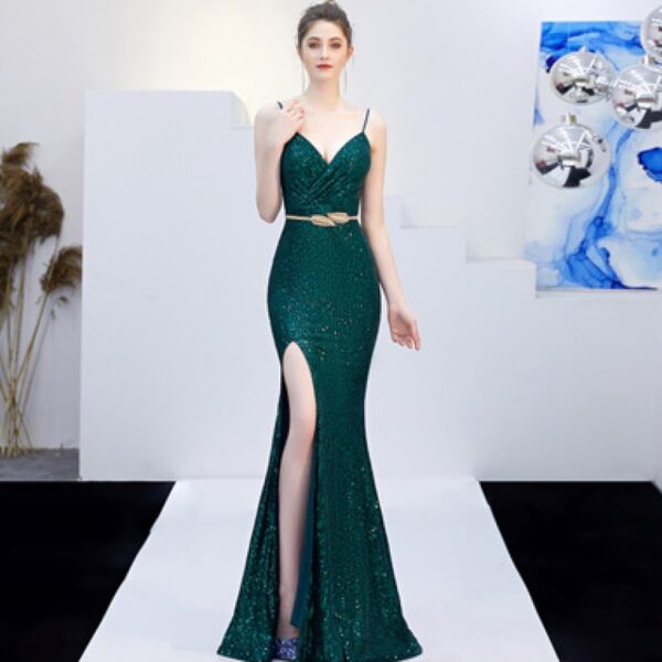 New Banquet Elegant Annual Meeting Long Host Deep V Sexy Fishtail Sequined Dress - Image 2