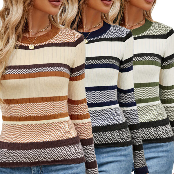 Contrast Color Striped Thread Top Fashion Sweater Women's - Image 2