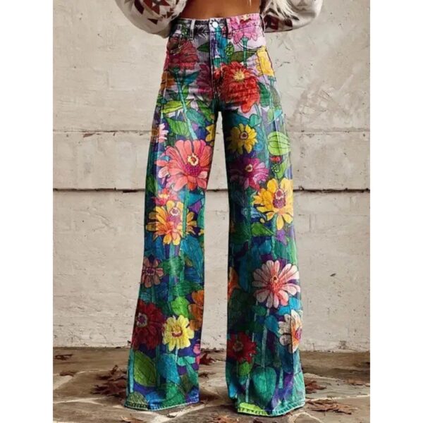 Fashion Women's Printed High Waist Loose Thin Imitation Denim Wide Leg Pants - Image 8