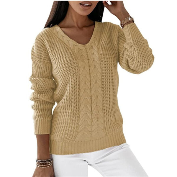 Long-sleeved V-neck Solid Color Twist Casual Knitted Pullover Top - Image 7