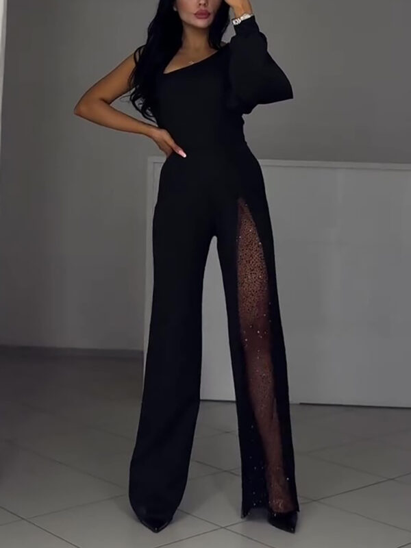 Single Sleeve Patchwork Mesh Jumpsuit - Image 4