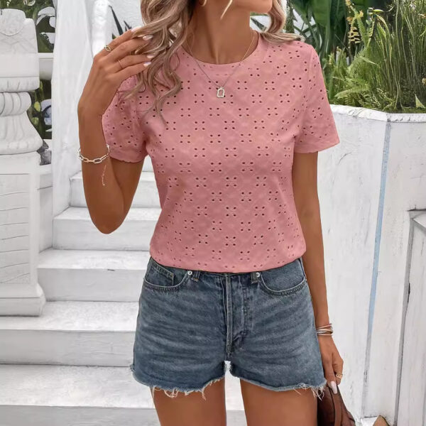 Hollow Jacquard Women's Round Neck Short Sleeve Top - Image 3