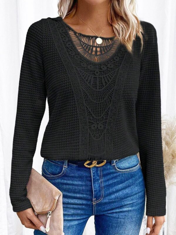 Lace Patchwork Round Neck Women's Long-sleeved T-shirt - Image 6