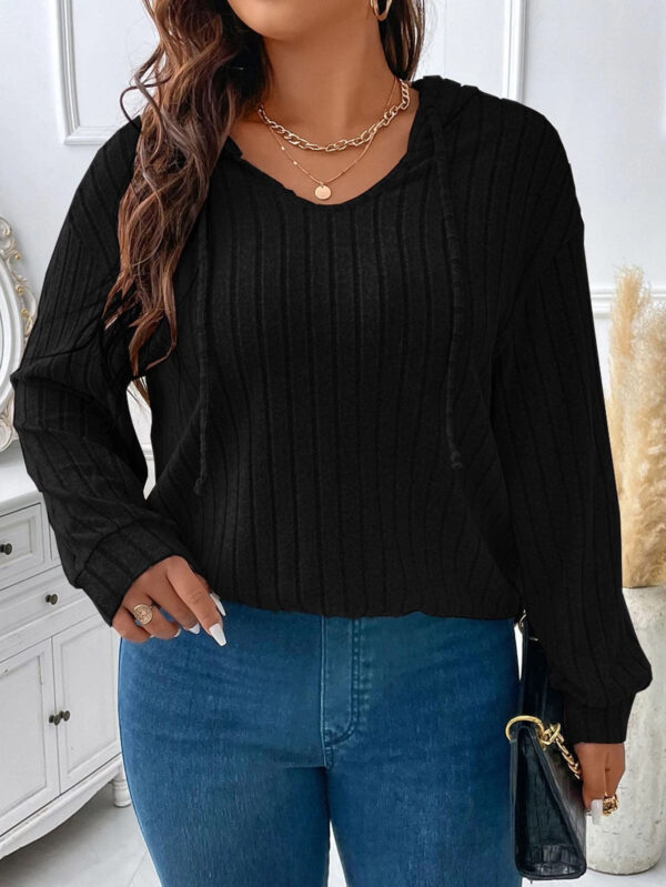 Women's V-neck Hooded Long-sleeved Sunken Stripe Brushed Top - Image 7