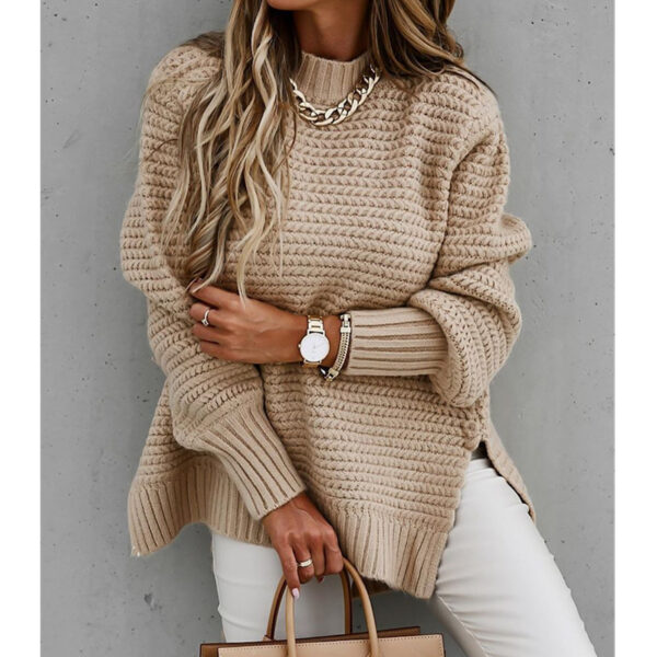 Solid color drawstring side slit knit sweater - Image 5