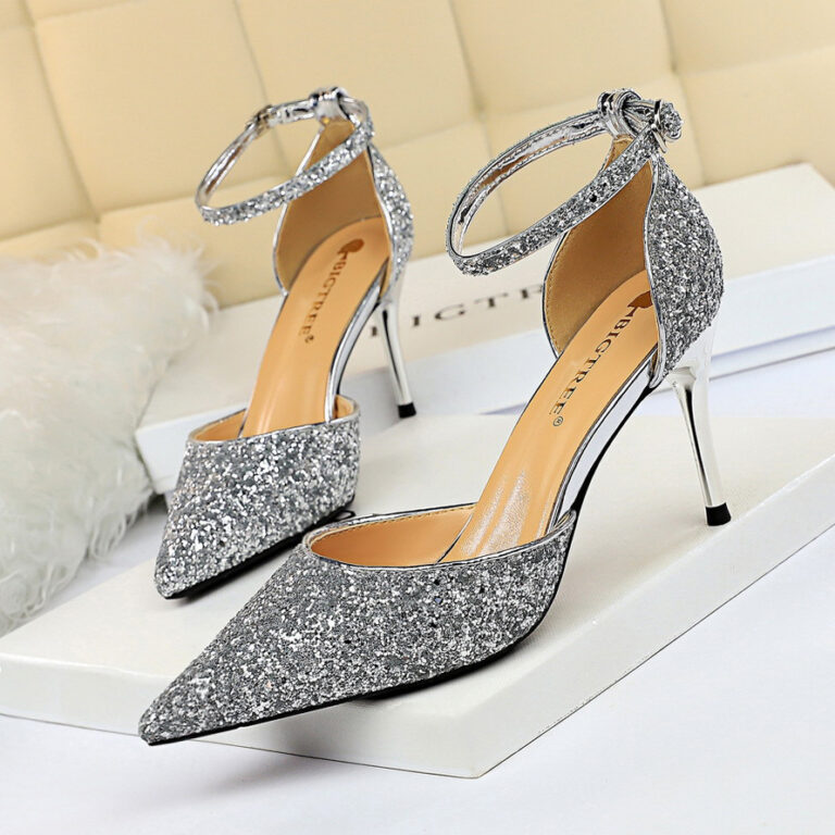 European and American style stiletto high-heeled shallow mouth pointed toe hollow sequin sexy nightclub slimming word with female sandals - Image 6