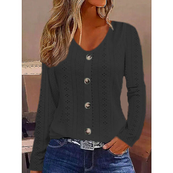 Women's Solid Color Jacquard V-neck Buttons Long-sleeved Top - Image 5