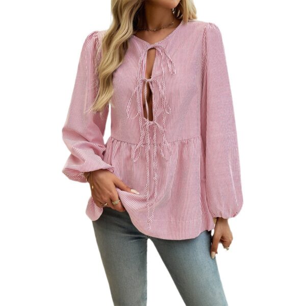 Women's Casual Loose Striped Lace-up Shirt - Image 6