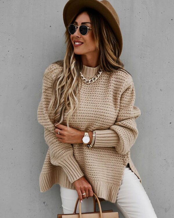 Solid color drawstring side slit knit sweater - Image 2