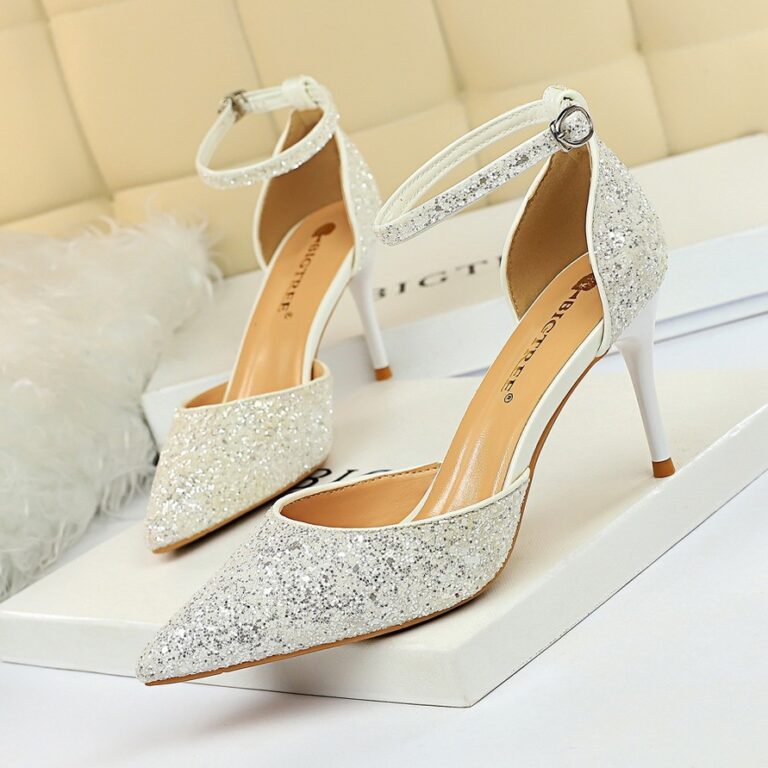 European and American style stiletto high-heeled shallow mouth pointed toe hollow sequin sexy nightclub slimming word with female sandals - Image 4