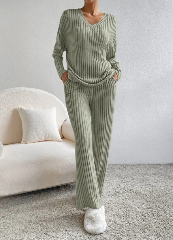 Fashion Solid Striped Suit V-neck Long-sleeved Top And Casual Straight Pants Loose Temperament Women's Clothing - Image 6