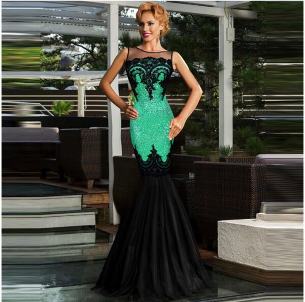 Europe and America long skirt sexy sleeveless sequin mesh stitching banquet evening dress dew backpack hip fishtail mopping dress - Image 2