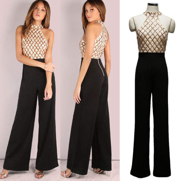 European and American women's sexy jumpsuit hanging neck sequins stitching trumpet jumpsuit trousers - Image 2