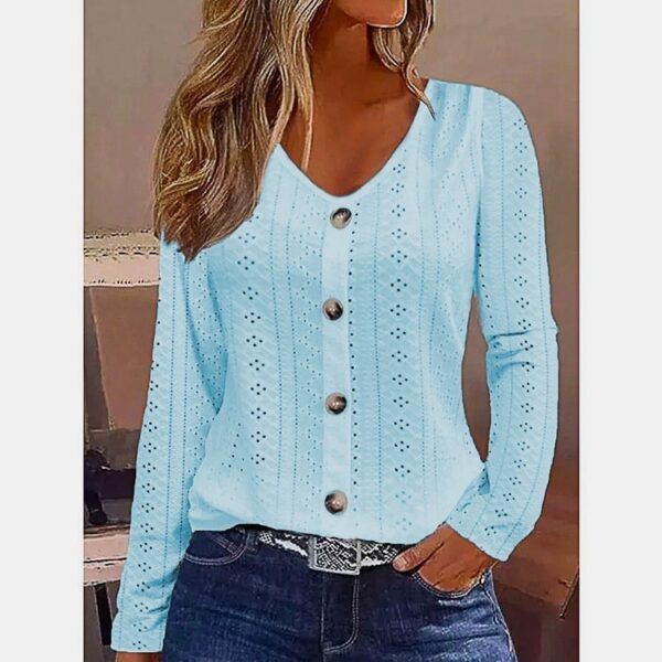 Women's Solid Color Jacquard V-neck Buttons Long-sleeved Top - Image 2