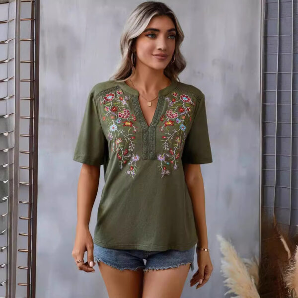 Fashion Flowers Embroidery Short Sleeve T-shirt Summer Stitching Lace-collared Blouse Womens Clothing - Image 2