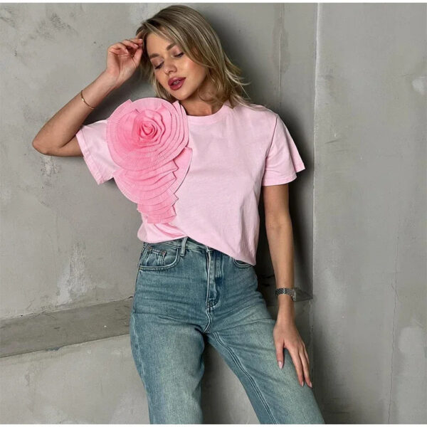 Women's T-shirt Elegant Round Neck 3D Flower - Image 8