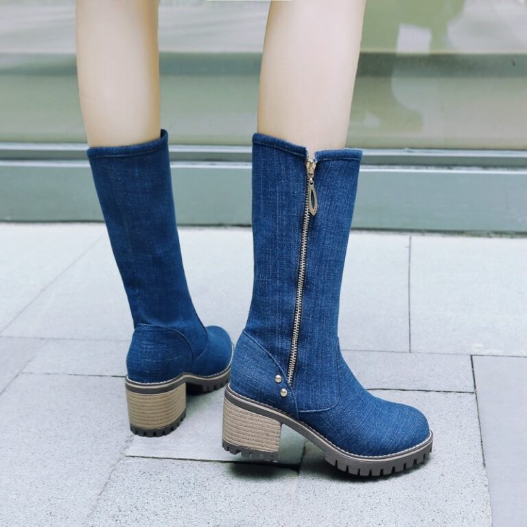 Coarse Heel High Heel Middle Tube Side Zipper Denim Boots - Image 3