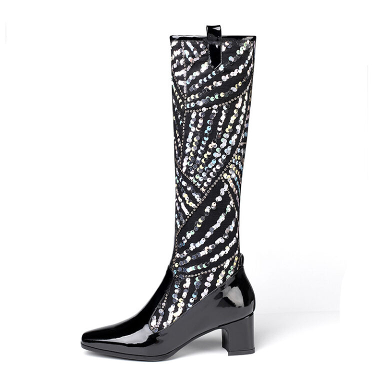 Sequin Night Club Sexy High Tube Mid Heel Boots - Image 2