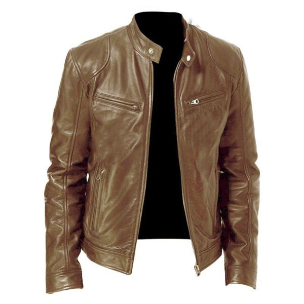 Men's Zip Cardigan PU Leather Jacket With Stand Collar - Image 5