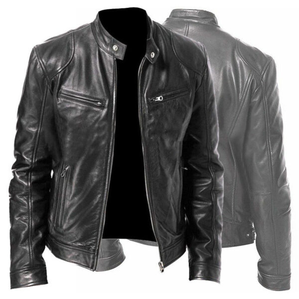 Men's Zip Cardigan PU Leather Jacket With Stand Collar - Image 3