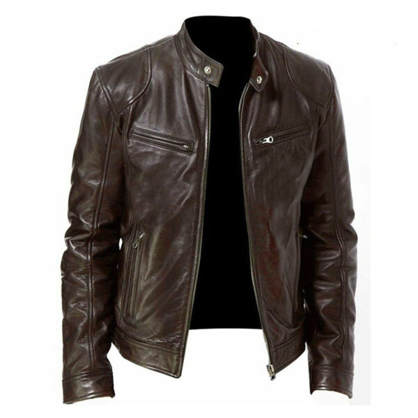 Men's Zip Cardigan PU Leather Jacket With Stand Collar - Image 2