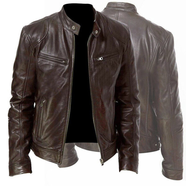 Men's Zip Cardigan PU Leather Jacket With Stand Collar - Image 7