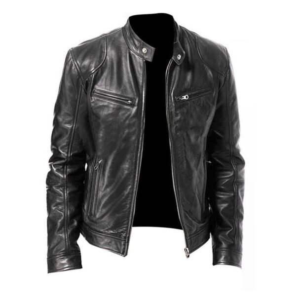 Men's Zip Cardigan PU Leather Jacket With Stand Collar - Image 8