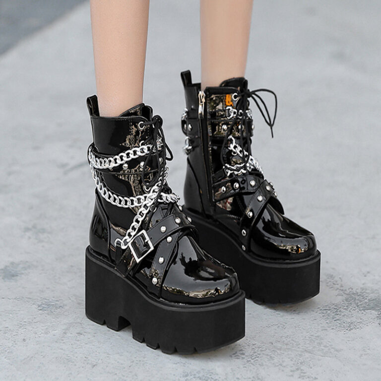 Platform Wedge Heel Muffin And Velvet Chain Lace-Up Martin Boots - Image 3