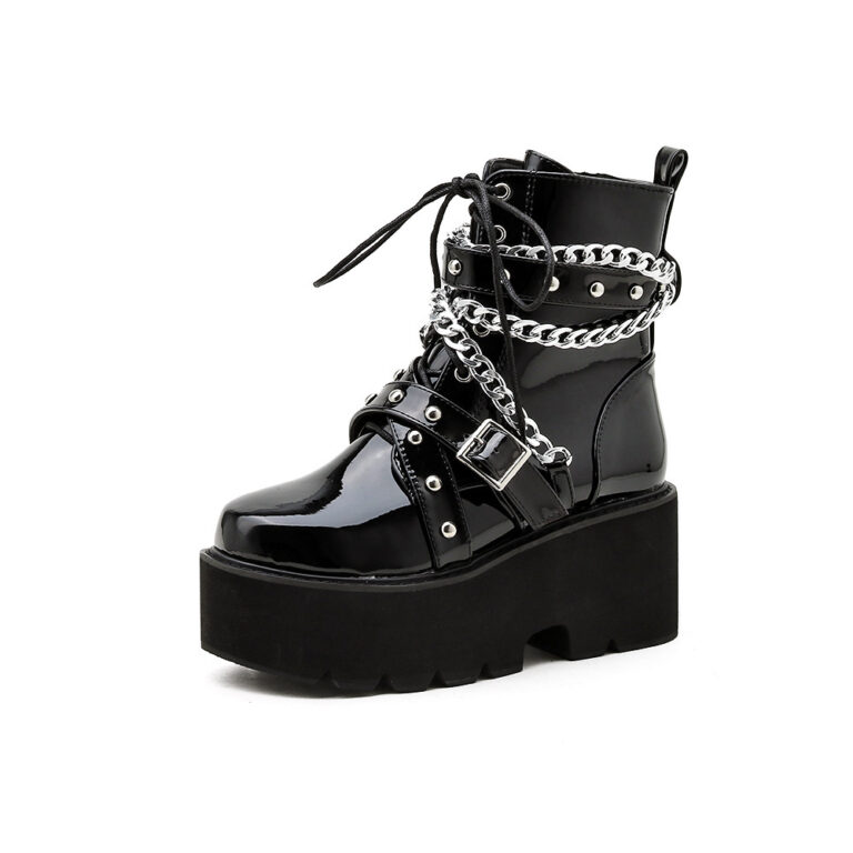 Platform Wedge Heel Muffin And Velvet Chain Lace-Up Martin Boots - Image 5