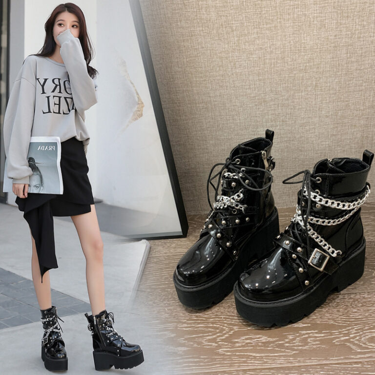 Platform Wedge Heel Muffin And Velvet Chain Lace-Up Martin Boots - Image 4