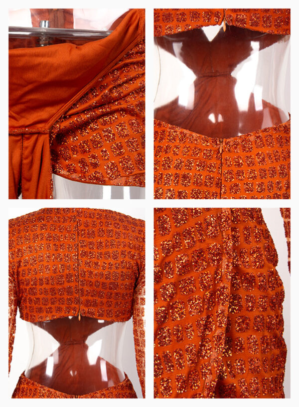 Long Sleeve Mini Skirt Orange Deep V-neck Hot Piece Party Dress - Image 2