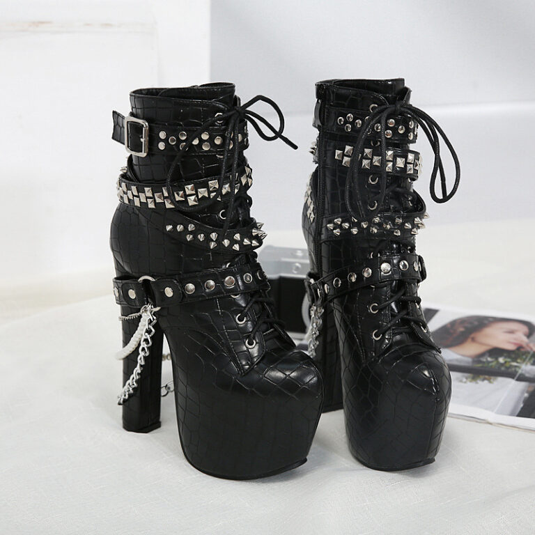 Chunky Heel Rivet Metal Chain Lace-Up Ankle Boots - Image 3