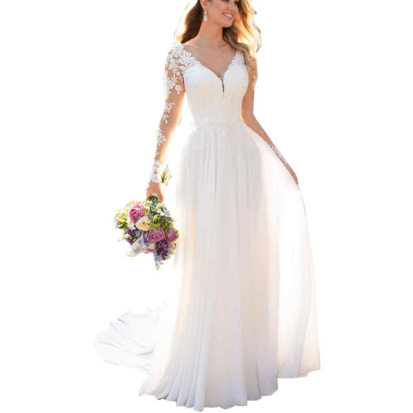 Sexy Backless Deep V-neck Wedding Dress Women White Evening Dress - Image 5