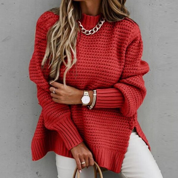 Solid color drawstring side slit knit sweater - Image 9