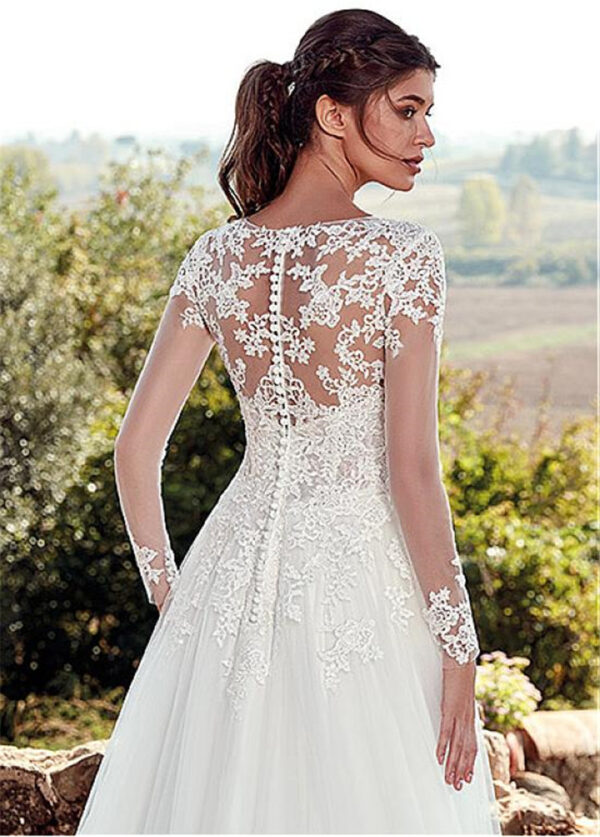 High U-neck Lace Long Sleeve A- Line Long Tail Simple Wedding Dress - Image 6