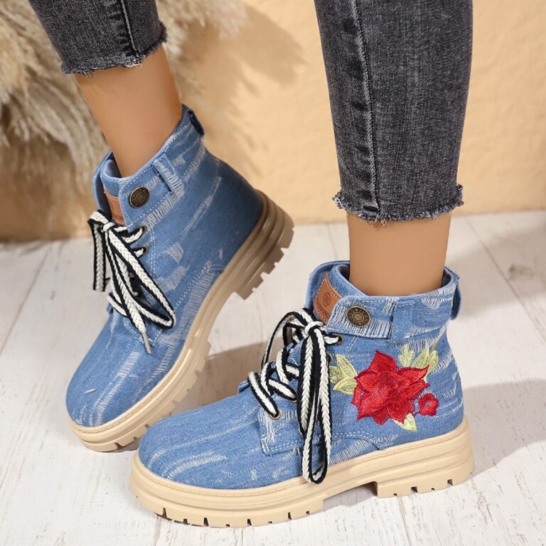 Lace-up Canvas Boots Fashion Rose Embroidered Shoes Round Toe Thick Heel Short Boot Women - Image 2