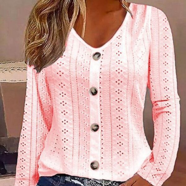 Women's Solid Color Jacquard V-neck Buttons Long-sleeved Top