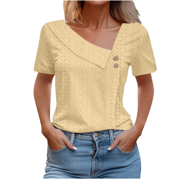 Summer V-neck Button Solid Color Loose Women's Short Sleeved T-shirts - Image 8