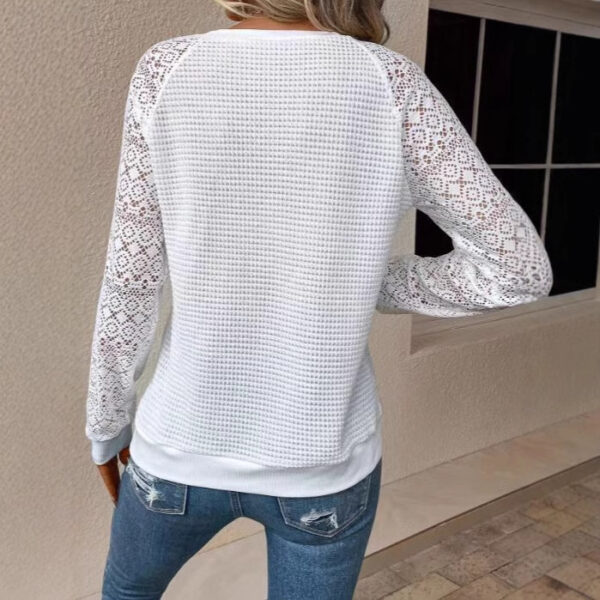 European And American New Pure Color Lace Long Sleeve Hollowed Leisure Women's T-shirt Tops - Image 5