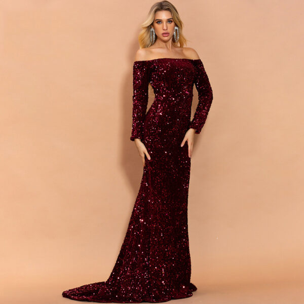 Sexy Strapless Long Sleeve Sequins Party Evening Dress - Image 2