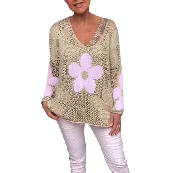 Floral Knitted Hollow Out V-neck Shirt - Image 2